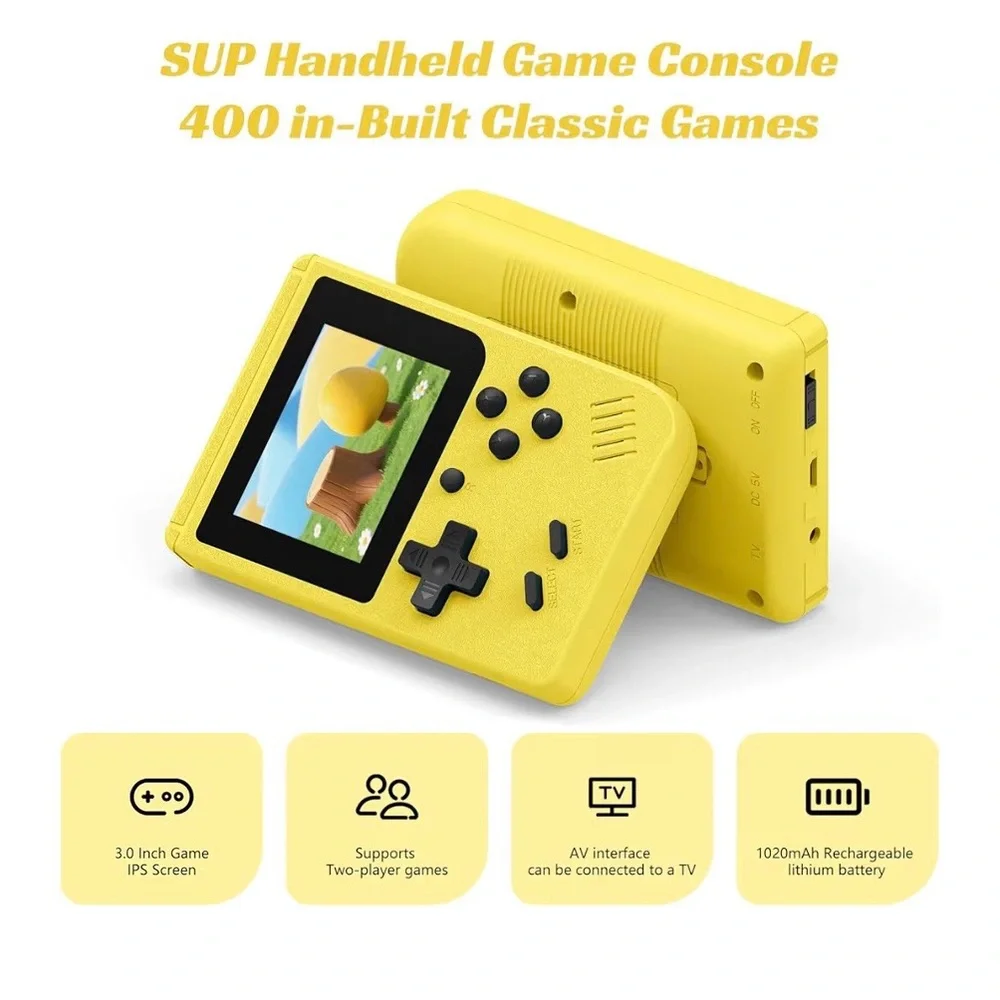 Portable handheld game console with 400+ retro games – yellow